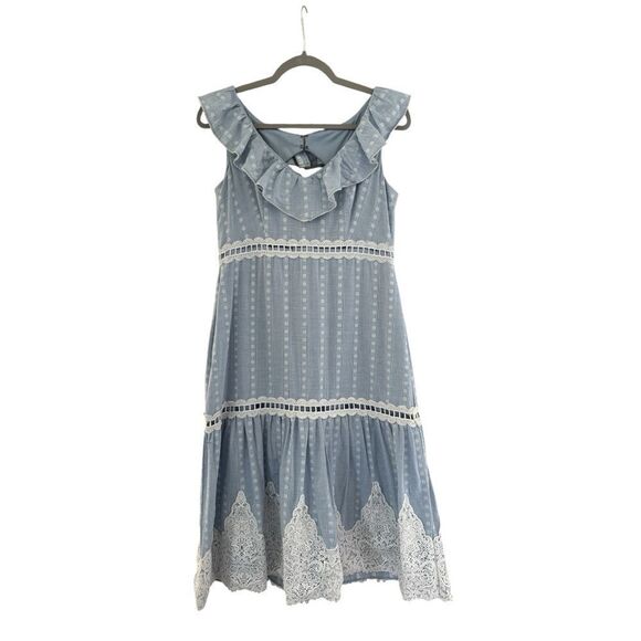 Jax Black Label Women's Blue White Ruffle Neck Sleeveless A-Line Dress Size 8 - Picture 1 of 6